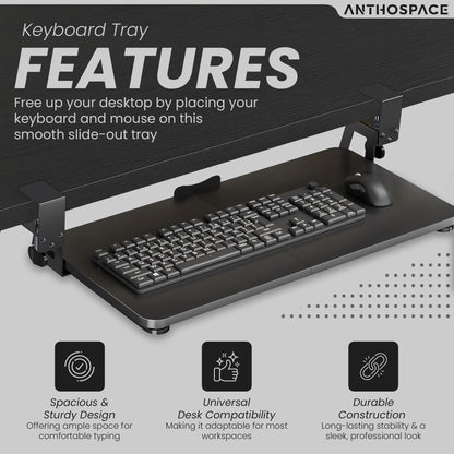 Under Desk Keyboard Tray Slide Out, Clamp On Pull Out Drawer with Mouse Space, Fits Desks 10–50mm Thick, 25 x 9.8 Inch Ergonomic Keyboard Holder for Comfortable Typing at Home or Office