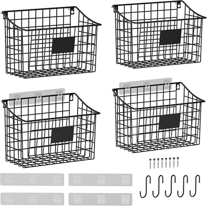 Wall Basket with Label Plate & 5 S-Hooks –4 Pack Hanging Wire Basket