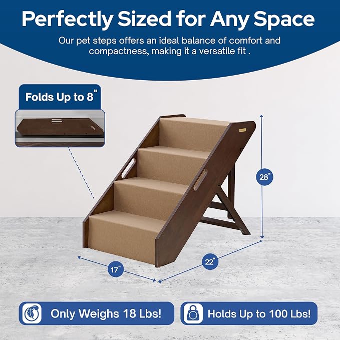 Stakmore Pet Steps with Solid Hardwood Construction and Foldable Design, Stairs for High Beds for Pets in All Life Stages, Espresso w/Brown Felt