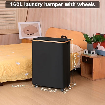 Lagre Laundry Basket with Wheels, Laundry Hamper with Lid, 160L Clothes Hamper