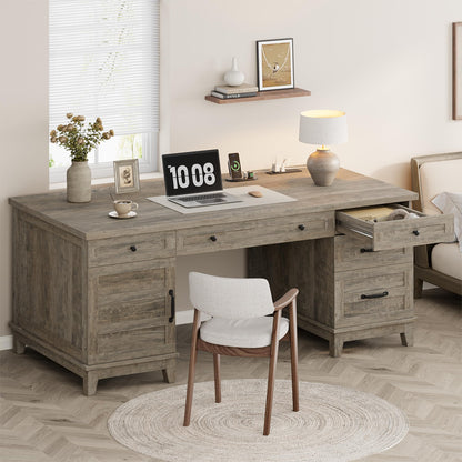 Garvee 60" Wooden Home Office Desk with File Drawers, Executive Desk with Adjustable Cabinet, Farmhouse Wood Desk with Power Outlet, Distressed Study and Work Table, Rustic Grey