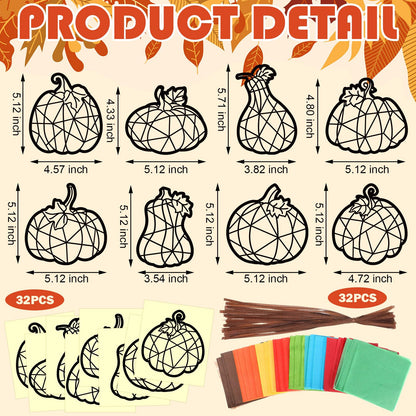 Eersida 32 Pcs Thanksgiving Pumpkin Suncatchers Paper Craft Set Fall DIY Pumpkin Shaped Stained Glass Tissue Paper Kit Bulk for Autumn Thanksgiving Classroom Activities Party Window Art Decor