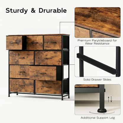 WLIVE 9-Drawer Dresser, Fabric Storage Tower for Bedroom, Hallway, Entryway, Closet, Tall Chest Organizer Unit with Fabric Bins, Steel Frame, Wood Top, Easy Pull Handle, Rustic Brown Wood Grain Print