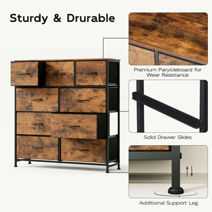 WLIVE 9-Drawer Dresser, Fabric Storage Tower for Bedroom, Hallway, Entryway, Closet, Tall Chest Organizer Unit with Fabric Bins, Steel Frame, Wood Top, Easy Pull Handle, Rustic Brown Wood Grain Print