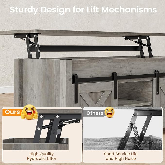 SEDETA Lift Top Coffee Table, Farmhouse Lift Tabletop Dining Table, Gas Spring, Hidden Compartment, Open Storage Shelf, for Living Room, Grey