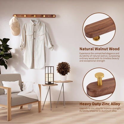 SARIHOSY Wall Mounted Coat Rack, Entryway Hanging Coat Rack, Metal Wood Coat Rail with 5 Rustic Hooks Rail for Coat, Scarf, Bag, Towel, Key, Cap, Hat, Walnut Gold Matt