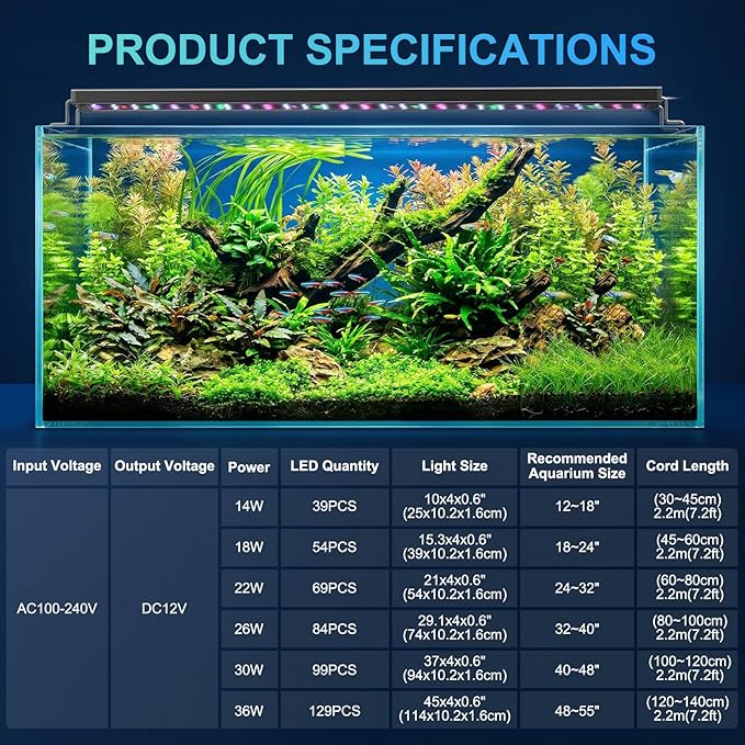 AQQA LED Aquarium Light for Plants, 24/7 Mode Full Spectrum Fish Tank Light with 3 Light Modes, Adjustable Timer/Brightness, Memory Function, Extendable Brackets for Freshwater for 18-24 Inch Tank 18W