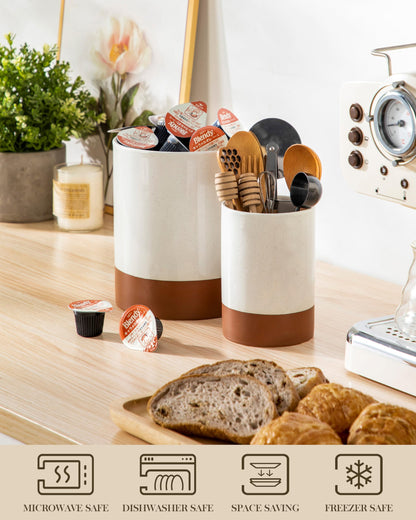 MALACASA Utensil Holder, 7.3"+5.5" Ceramic Kitchen Utensil Holder for Countertop, Large Cooking Utensil Crocks for Kitchen Counter, Farmhouse Utensils Organizer, Set of 2, Khaki White, Series TARA