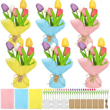 Cinrobiye 6 Set End of School Year Tulip DIY Bouquet Kit Last Day of School Teacher Appreciation Gift Artificial Flower Craft Set with Wrapping Paper Cards Spring Table Centerpieces Decor