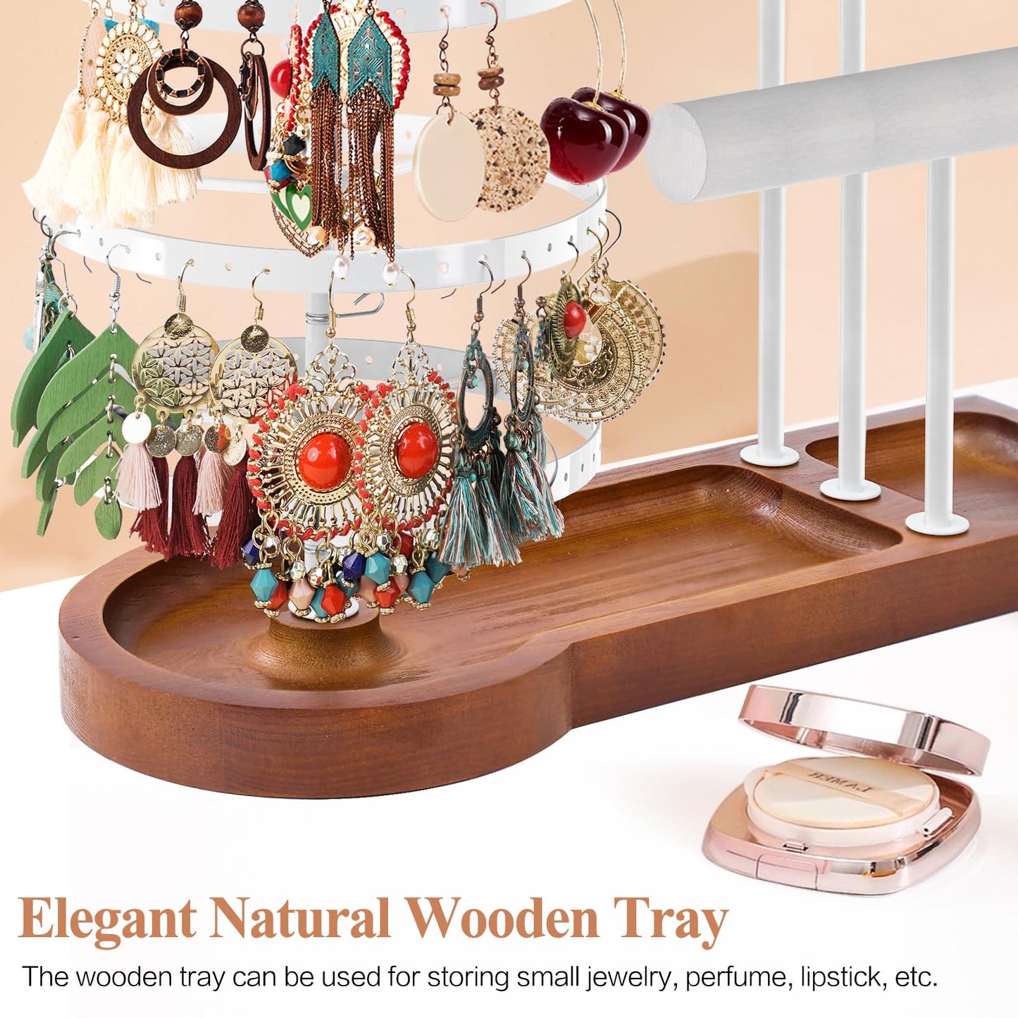 KALYLOC Jewelry Earring Holder Organizer, Adjustable 5 Tiers Rotating Earring Holder 3 Tier Necklace Holder with Wooden Base, Multi-Functional Jewelry Organizer Display Stand for Studs Bracelet Women