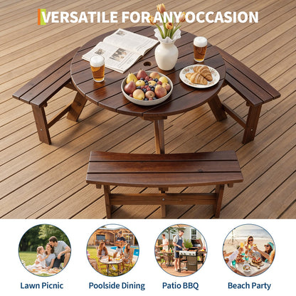Garvee 6 Person Wooden Picnic Table, Outdoor Picnic Tables with 3 Built-in Benches, Circular Camping Dining Table and Chairs Set with Umbrella Hole for Garden, Patio, Backyard, Walnut Brown