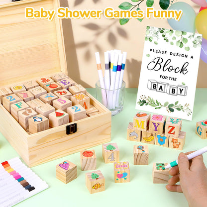 Nyxuso Baby Shower Games Blocks Set, 134 Pcs Wooden Blocks Kit for Baby Shower Party Gender Reveal Party Decorations(Green)