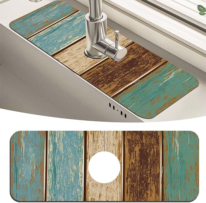 MCALK Wood Pattern Teal Kitchen Sink Faucet Mat Splash Guard, Absorbent