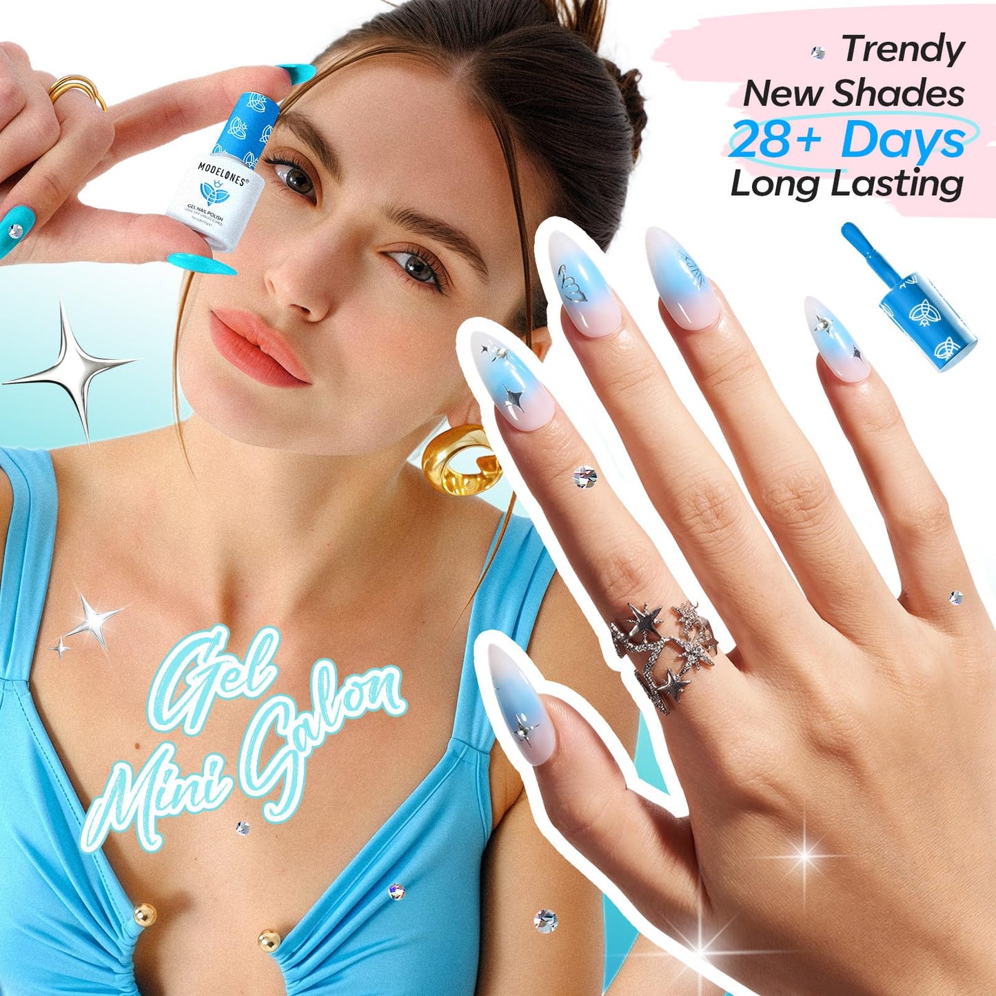 Modelones Gel Nail Polish Kit with UV Light, Milky White Nude Glitter Pink Red Gold Fall Metallic Manicure Set with Base Top Coat Star Stickers 4 Colors Gel Mini Salon Nail Art Gift for Women Girl