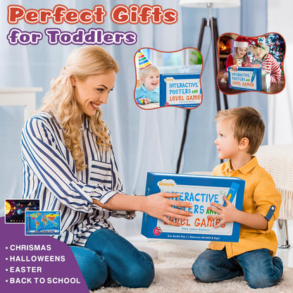 Qiaojoy Bilingual Interactive World Map for Kids Learning and Educational Toys, Talking Electronic Kids World Map i-Poster Geography Games Ages 3 to 12 Years Old, Custom Talking Birthday Gifts Card