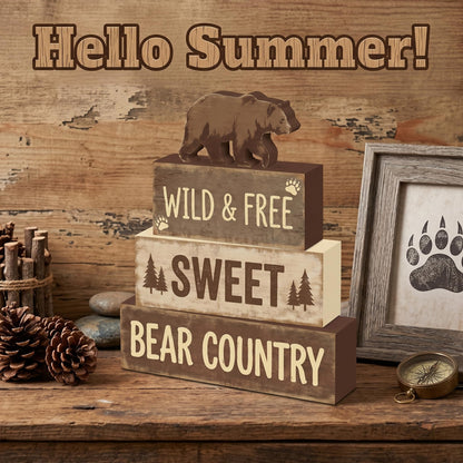 4 Pcs Brown Bear Tiered Tray Decor Woodland Bear Country Wooden Signs Cabin Shelf Sitters Rustic Farmhouse Table Centerpiece Mountain Forest Theme Table Decorations For Home Living Room Lodge