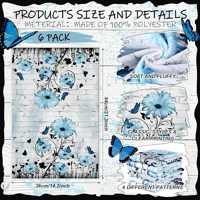Breling Set of 6 Blue Daisy Kitchen Towel Vintage Themed Dish Towel Bathroom