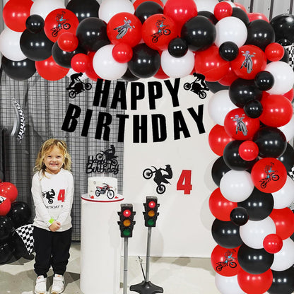 JOYMEMO Dirt Bike Birthday Decorations for Boys - Red Black Balloon Garland Arch Kit with Happy Birthday Banner Cake Topper, Motorcycle Cupcake Toppers for Motocross Theme Party Supplies