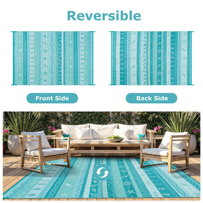 Uphome Coastal Outdoor Rug Waterproof 8x10, Large Reversible Ocean Beach Theme Striped Patio Plastic Straw Rugs, Tribal RV Camping Outside Carpet Mat for Pool Back Yard Deck, 8 x 10 ft