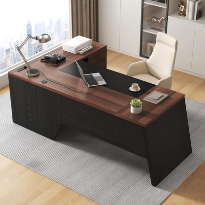 Epecoya L-Shaped Executive Desk with Drawer, 78-Inch Large Home Office Desk with Cord Hold and Power Outlet, Modern Computer Table with Lateral File Cabinet,Open Shelf and PC Stand, Walnut Brown Black