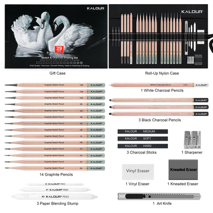 KALOUR 29 Pro Sketching Drawing Pencils Set with Roll-Up Nylon Case – 14 Graphite Pencils (14B–5H), Charcoal Pencils, Erasers, Sharpener & Stumps – Complete Art Kit for Artists & Beginner