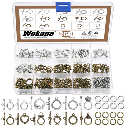Wokape 260Pcs Tibetan Alloy Toggle Clasps with Open Jump Rings, 12 Styles T-bar Closure Clasp IQ Toggle Clasps Fastener Hook Toggle Connectors for Jewelry Making DIY Craft
