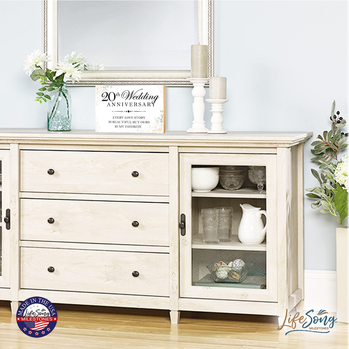 LifeSong Milestones Anniversary Shelf Sitter 5.5x8 - Table Top Décor for Wedding for Couples, Parents, and Her - Wooden Décor (20th White Every Love Story)