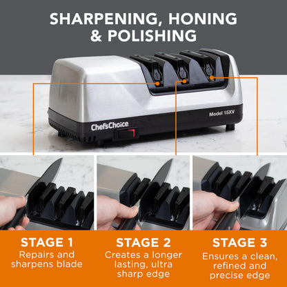 Chef’sChoice 15XV EdgeSelect Professional Electric Knife Sharpener with 100-Percent Diamond Abrasives and Precision Angle Guides for Straight Edge and Serrated Knives, 3-Stage, Gray
