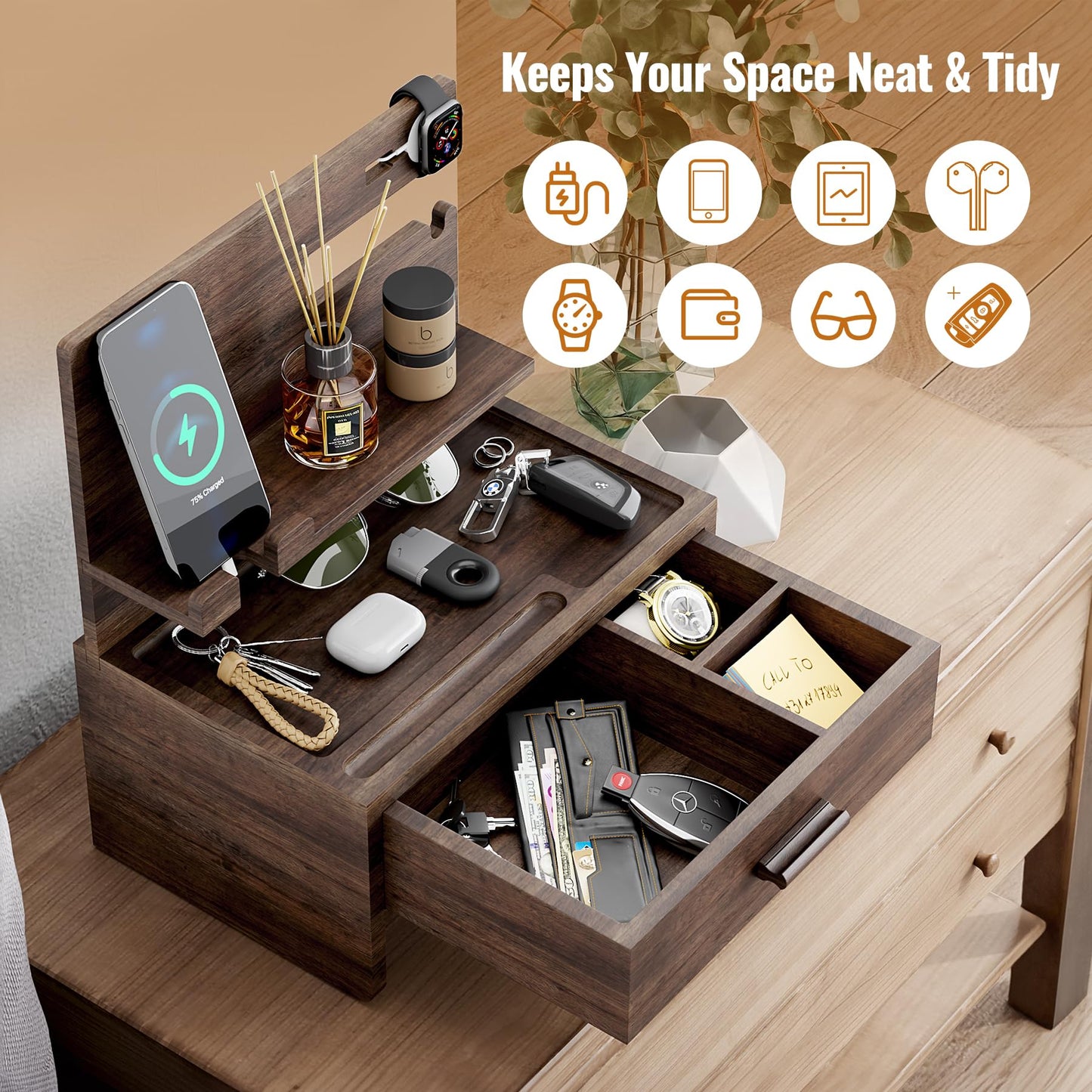 NiHome Wooden Nightstand Organizer for Men, Solid Wood Charging Dock for Smartphone, Smartwatch, Tablet, Wallet, Keys, Glasses, Accessories, Easy Assembly Stylish Design for Classic & Modern Interiors