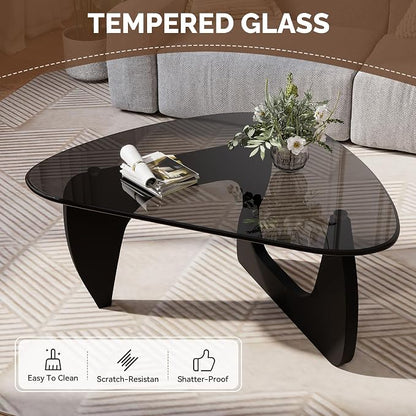 Modern Glass Coffee Table, Triangle Center Table with Tempered Glass Top& Unique Wooden Base, 35.5” Mid Century Tea Tables for Living Room, Apartment, Office,Black & Grey