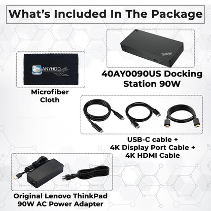 40AY0090US Lenovo Thinkpad Docking Station Dual Monitor - Supports 4K Display, Thinkpad Dock with 90W Adapter, HDMI, DisplayPort, USB C Cables & Cloth - Lenovo Docking Station
