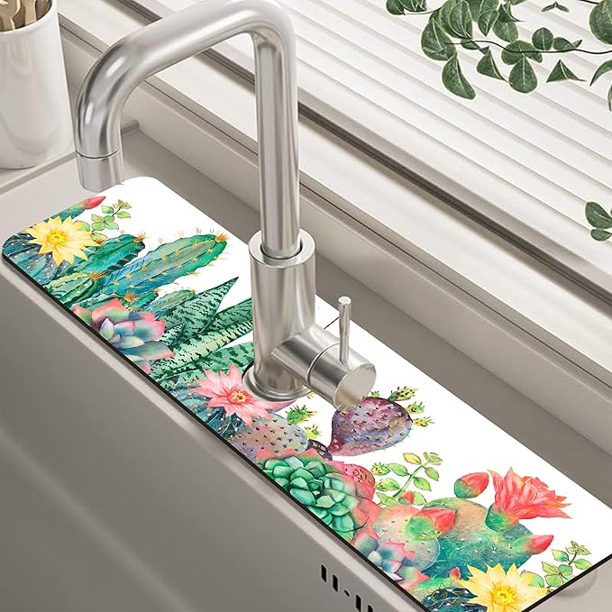 Watercolor Cactus Floral Sink Faucet Absorbing Mat Sink Splash Guard Faucet Mat