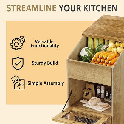 Potato Storage Bin, Wooden Bread Bins with Wheel, Movable Onion Storage Bin, Decorative Vegetable Storage Box for Kitchen Pantry, Brown