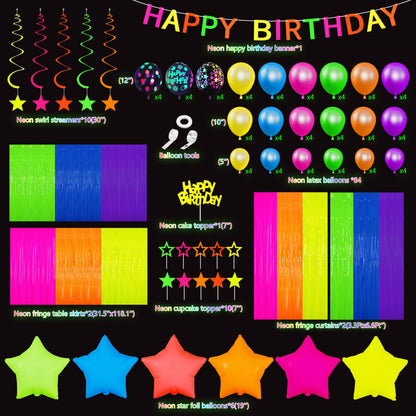 Glow in The Dark Party Supplies Kit - Neon Birthday Decorations with Balloon Garland Arch, Fluorescent Tinsel Curtains, Star Swirls, Cake Toppers & Table Skirt (100+ Pieces)