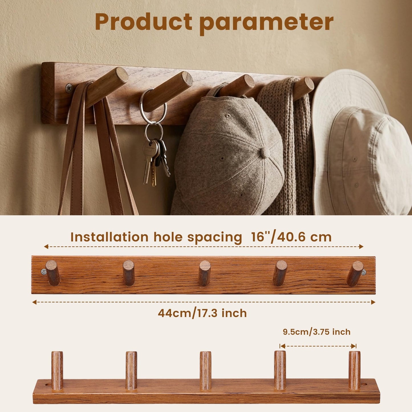 Cobnap Natural Teak Wall-Mounted Coat Rack (Set of 2, 16'' Hole to Hole) - Farmhouse Entryway Hooks with 5 Wooden Hooks Each, Rustic for Bathroom, Mudroom 2P