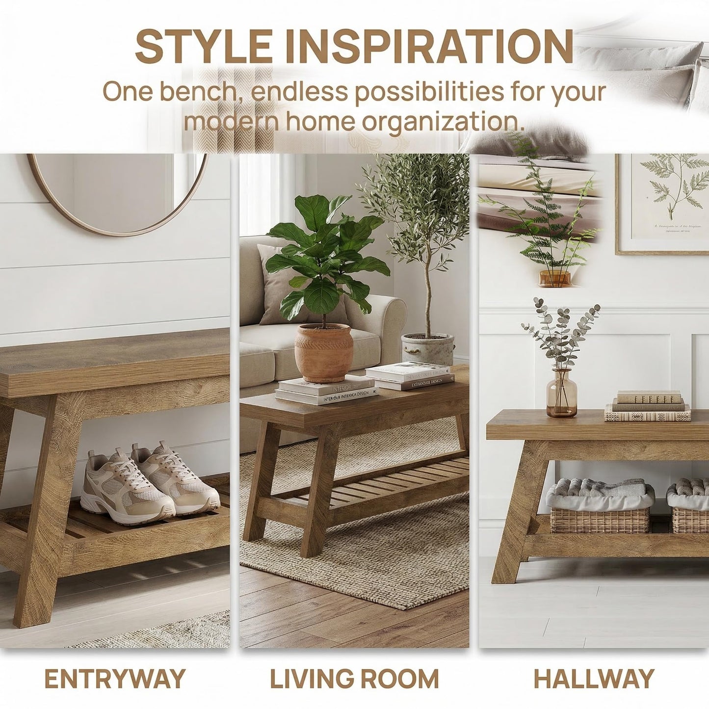 Tribesigns 55" Wood Entryway Bench with Shoe Storage, Large 2-Tier Narrow Hallway Foyer Seating Bench with Open Shelves for Entryway, Bedroom, Mudroom