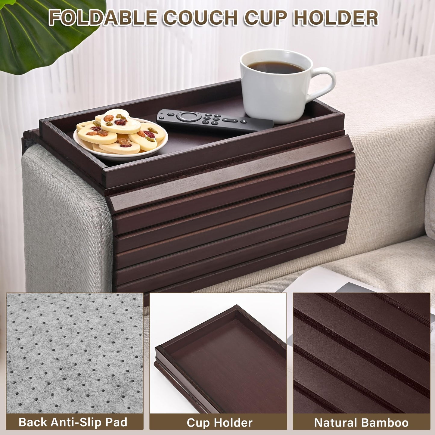 YUBAMIN Bamboo Sofa Arm Tray, Anti-Dropping Couch Arm Tray, Foldable Sofa Armrest Tray Couch Arm Table for Eats, Drinks, Snacks, Remote, Cellphone, Cup Holder, Back Anti-Slip Pad Design