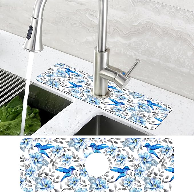 Blue Floral and Hummingbird Dish Drying Mat