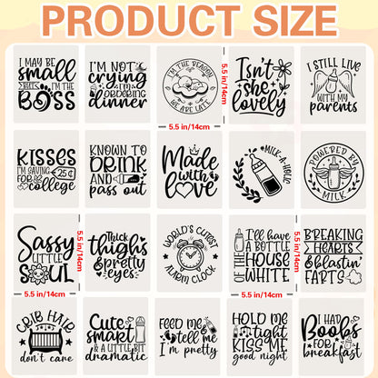20 Pcs 5.5 Inch Vinyl DTF Heat Transfers for Baby Clothes with Funny Quote Designs for Onesies Bodysuits Bibs and DIY Shower Gifts
