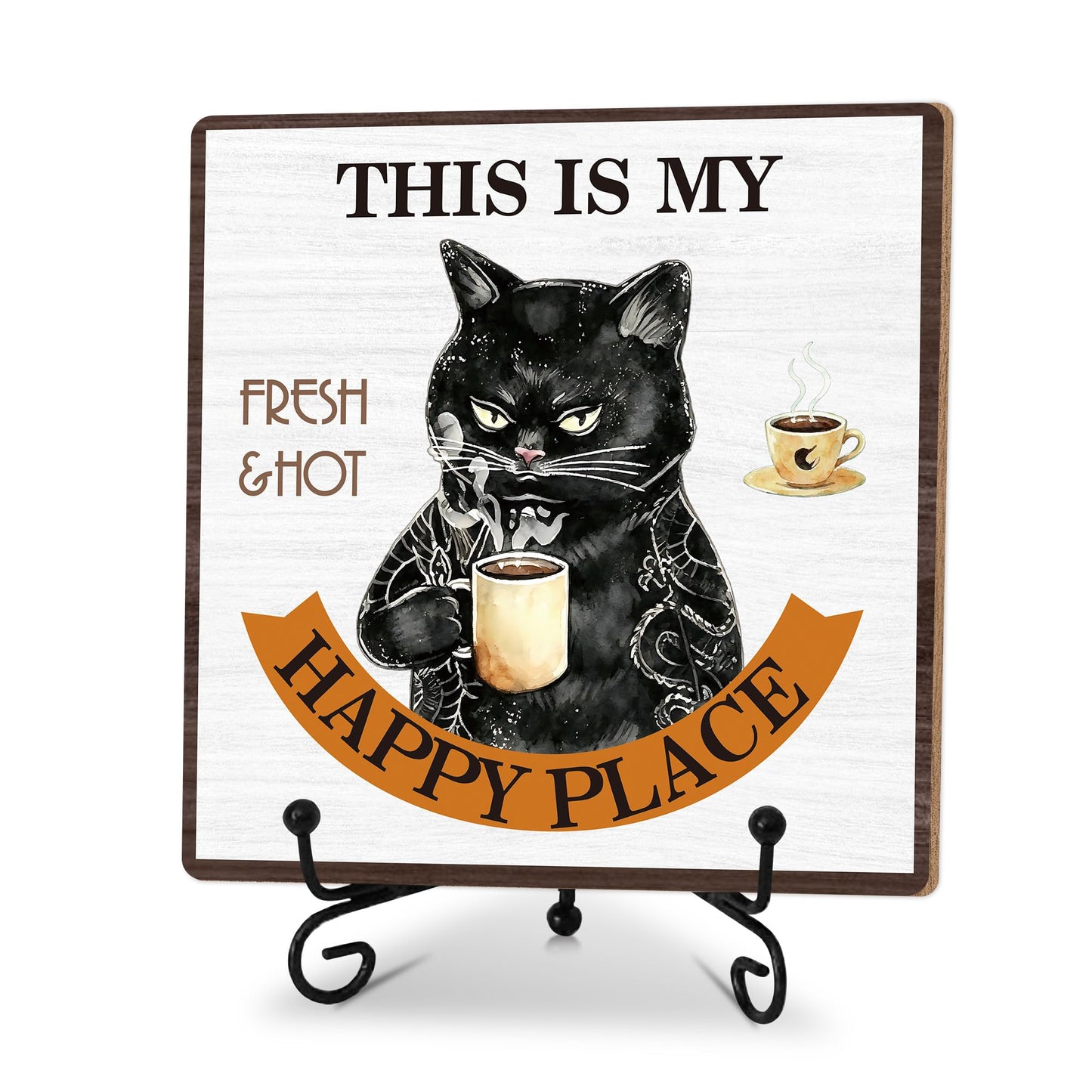 This Is My Happy Place Wooden Sign With Stand, Home Farmhouse Desk Table Decor, Inspirational Plaque Gifts For Cats Lover Owner, Black Cats Coffee Office Desk Decor For Shelf, 03