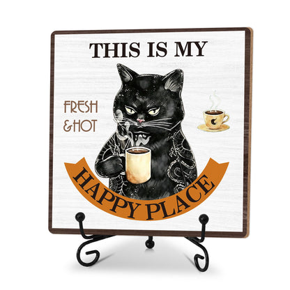 This Is My Happy Place Wooden Sign With Stand, Home Farmhouse Desk Table Decor, Inspirational Plaque Gifts For Cats Lover Owner, Black Cats Coffee Office Desk Decor For Shelf, 03