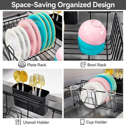 Urackify Dish Drying Rack in Sink, Stainless Steel Expandable Over the Sink Dish Rack with Utensil Holder & Cup Holder, Kitchen Drying Rack for Inside Sink, 15.35" x 11.02" x 4.84", Black