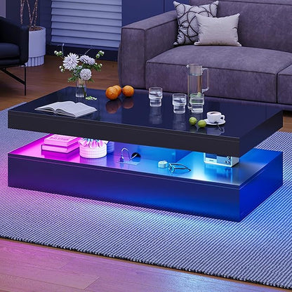 47” High-Glossy LED Coffee Table with 2 Sliding Drawers, Living Room Storage Coffee Tables, Modern Stylish Double-Layer Center Tables with LED Lights, Black