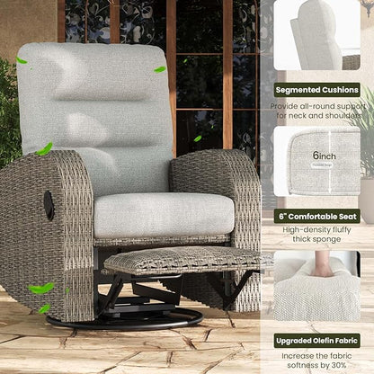 LayinSun Oversized Wicker Outdoor Swivel Glider Recliner with Adjustable Backrest & Footrest, Patio Reclining Lounge Chair