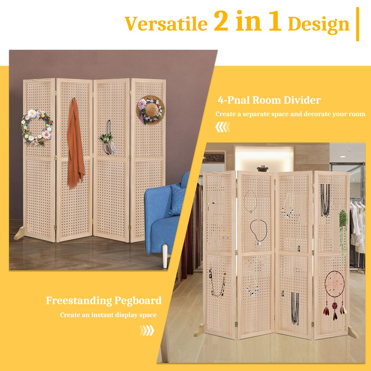 Bonnlo 4 Panel Pegboard Freestanding, 5 FT Portable Display Board Organizer for Craft Show Jewelry, Wooden Folding Privacy Screen Room Divider (with Base, Natural)