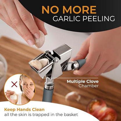 ORBLUE Garlic Press and Peeler Set, Stainless Steel - Professional Grade Mincer, Crusher - Dishwasher Safe & Rust-proof, Gray