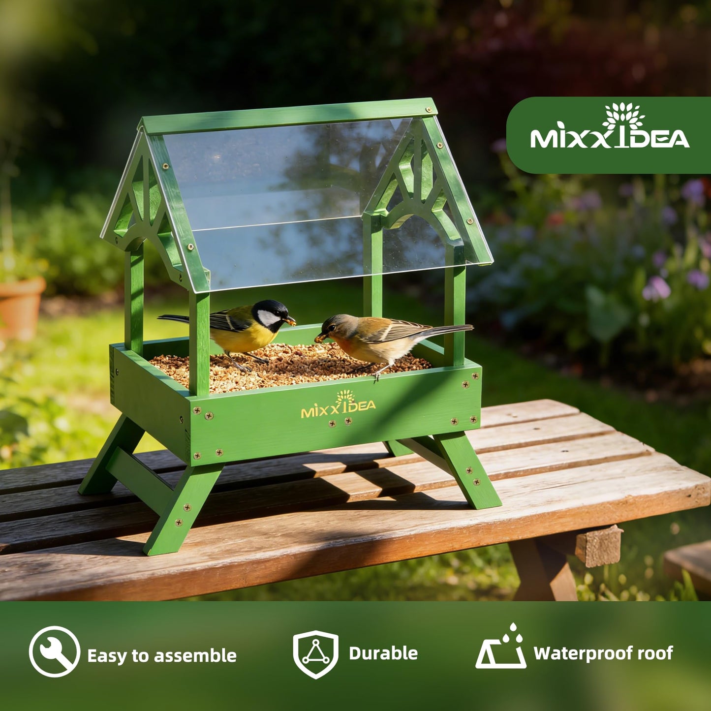 MIXXIDEA Ground Bird Feeder for Outdoors - Bird Feeder with shelter for Bird &Squirrel Wooden Chicken Picnic Table Platform Feeder Wild Bird Feed Crow Feeder for Outside with 5 LBS Capacity