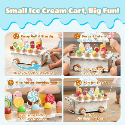 BROWNROOT Wooden Ice Cream Cart for Kids Pull Along Pretend Play Food Toys with Popsicles Ice Cream Cones ToyMontessori Role Play Toy Gift for Toddlers Girls Boys 3 4 5 Years Old