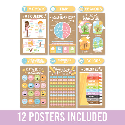 Hadley Designs Spanish Posters for Classroom - 12 Bilingual Educational Posters for Spanish Classroom Decorations Must Haves, Calendario y Alfabeto en Español Para la Pared, Kraft Teacher Supplies