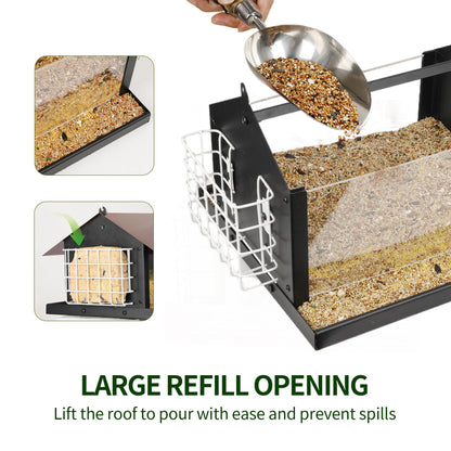 Solution4Patio Bird Feeders for Outdoors Hanging, All Metal, Double Suet Cake and Large Capacity, Hopper Tray & Weatherproof for Finch, Cardinal & Chickadee (Brown)